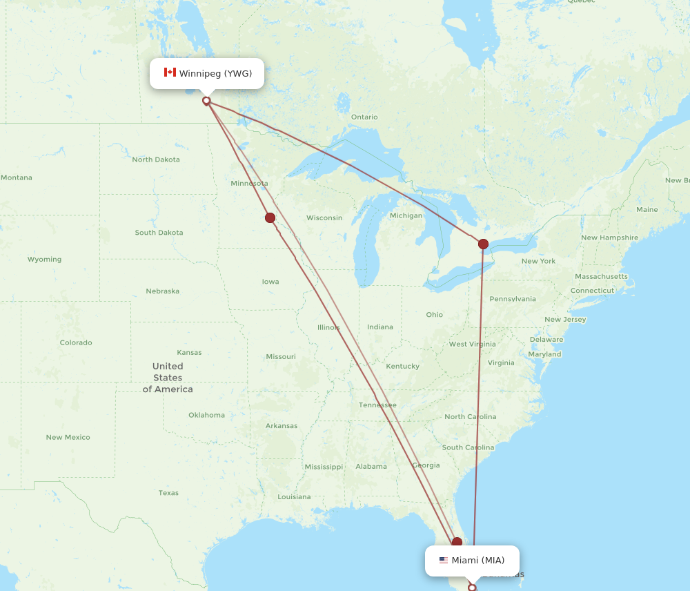 MIA to YWG flights and routes map