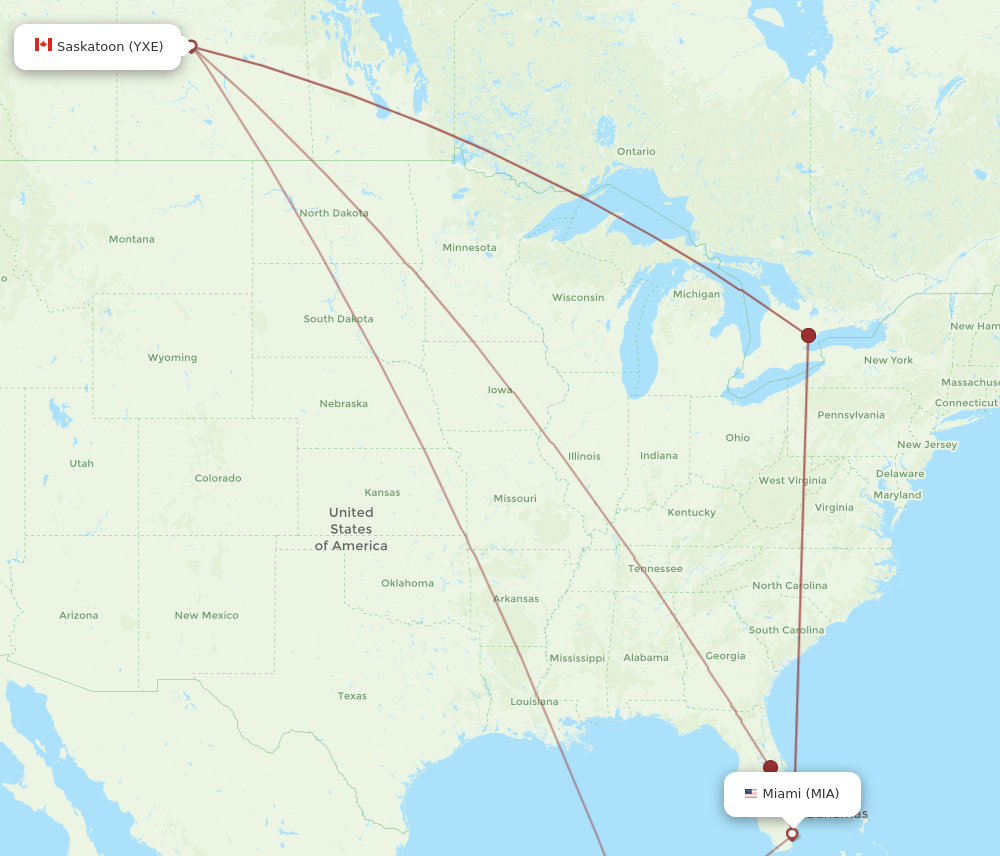 MIA to YXE flights and routes map