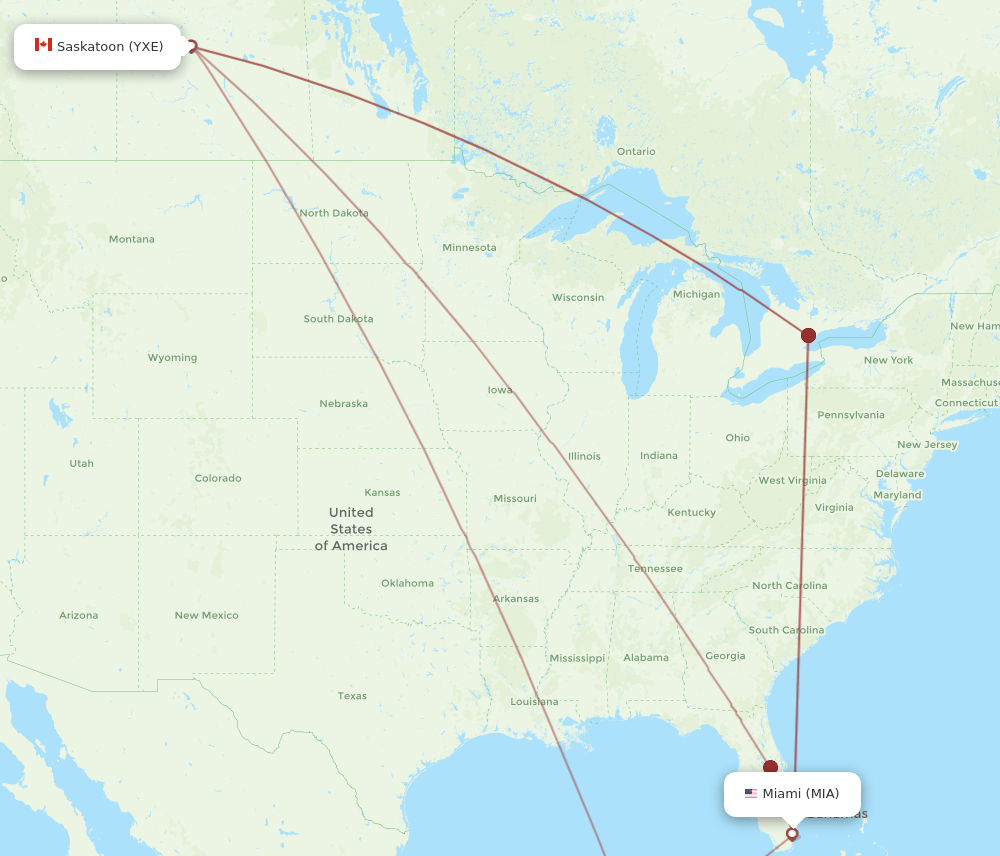 Saskatoon - Miami route map and flight paths