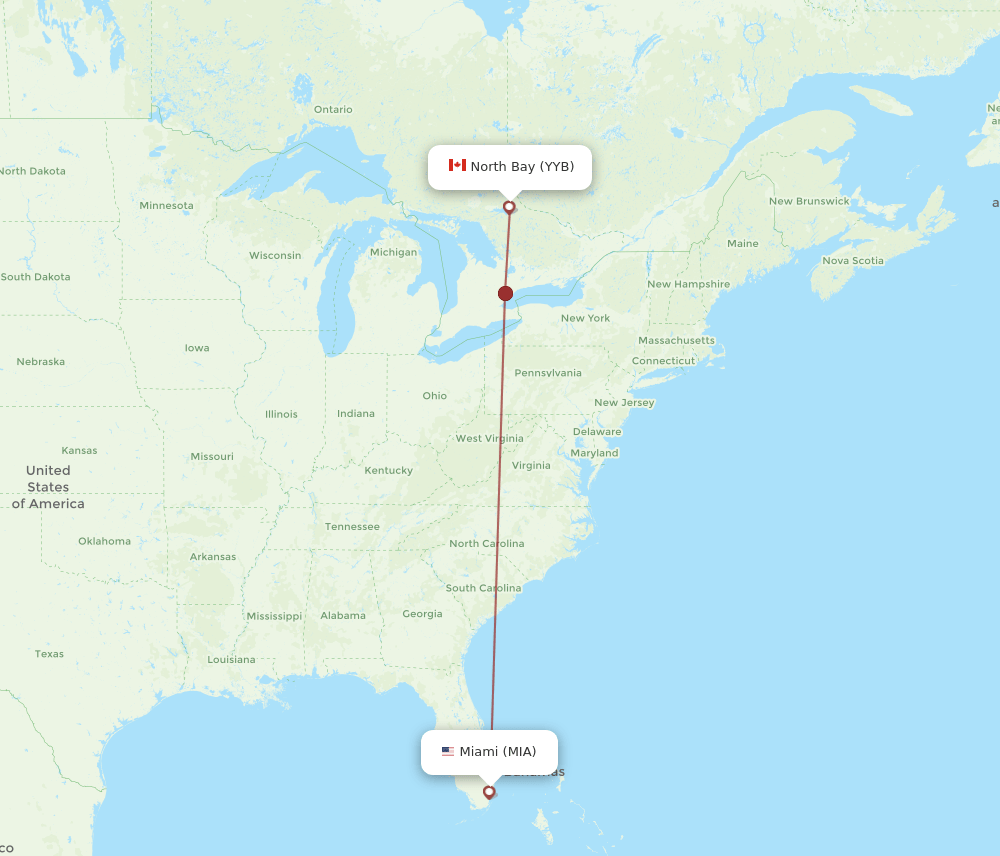 North Bay - Miami route map and flight paths