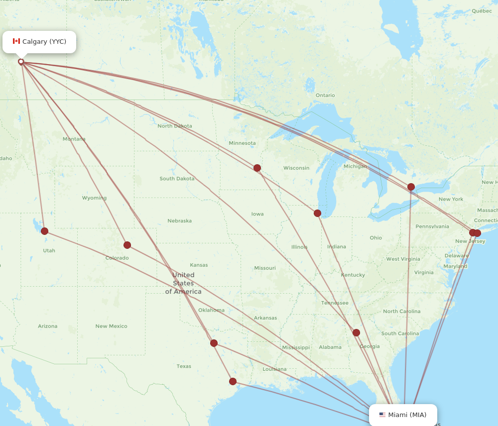 MIA to YYC flights and routes map