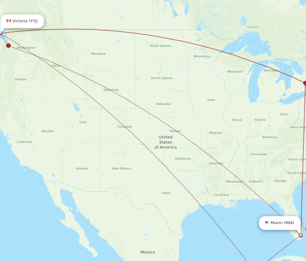 MIA to YYJ flights and routes map