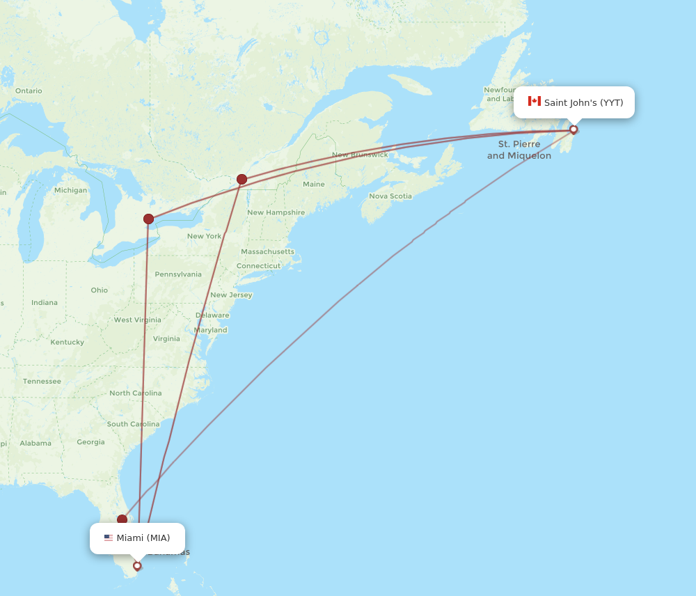 MIA to YYT flights and routes map