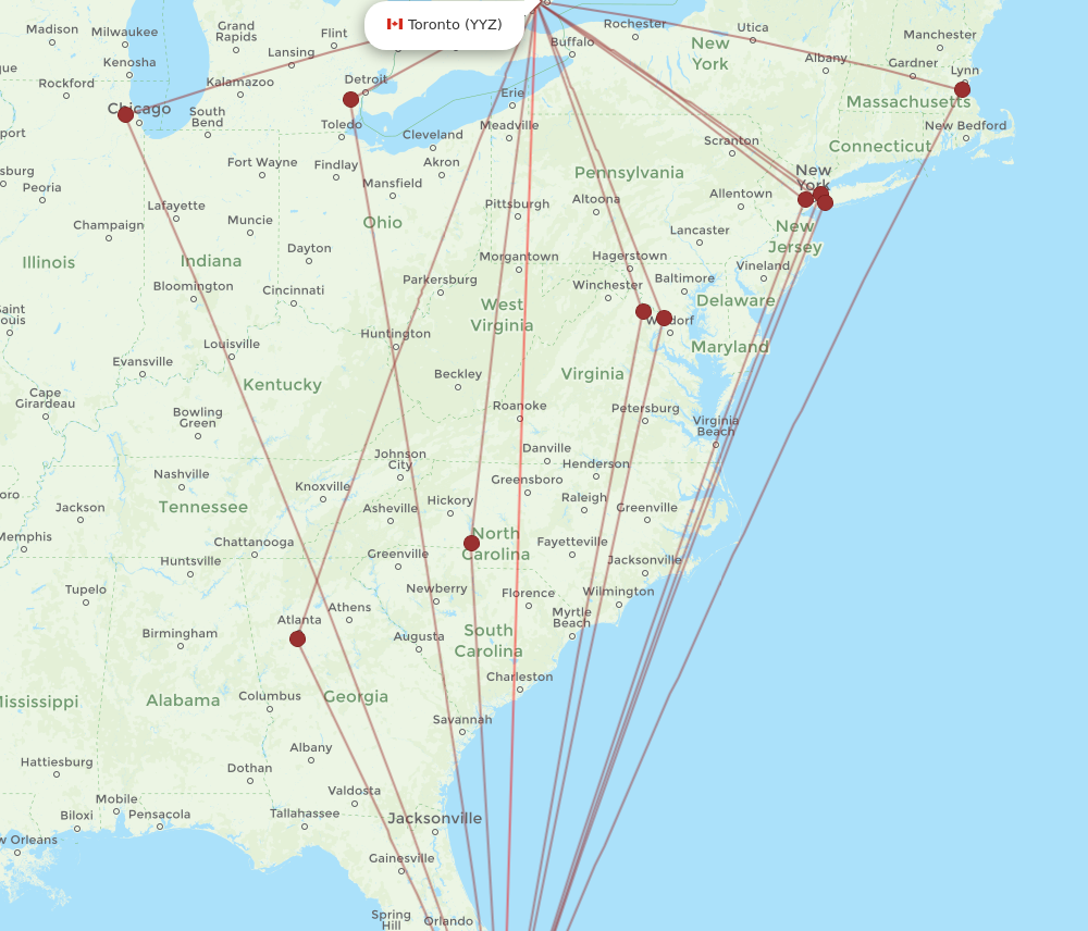 MIA to YYZ flights and routes map