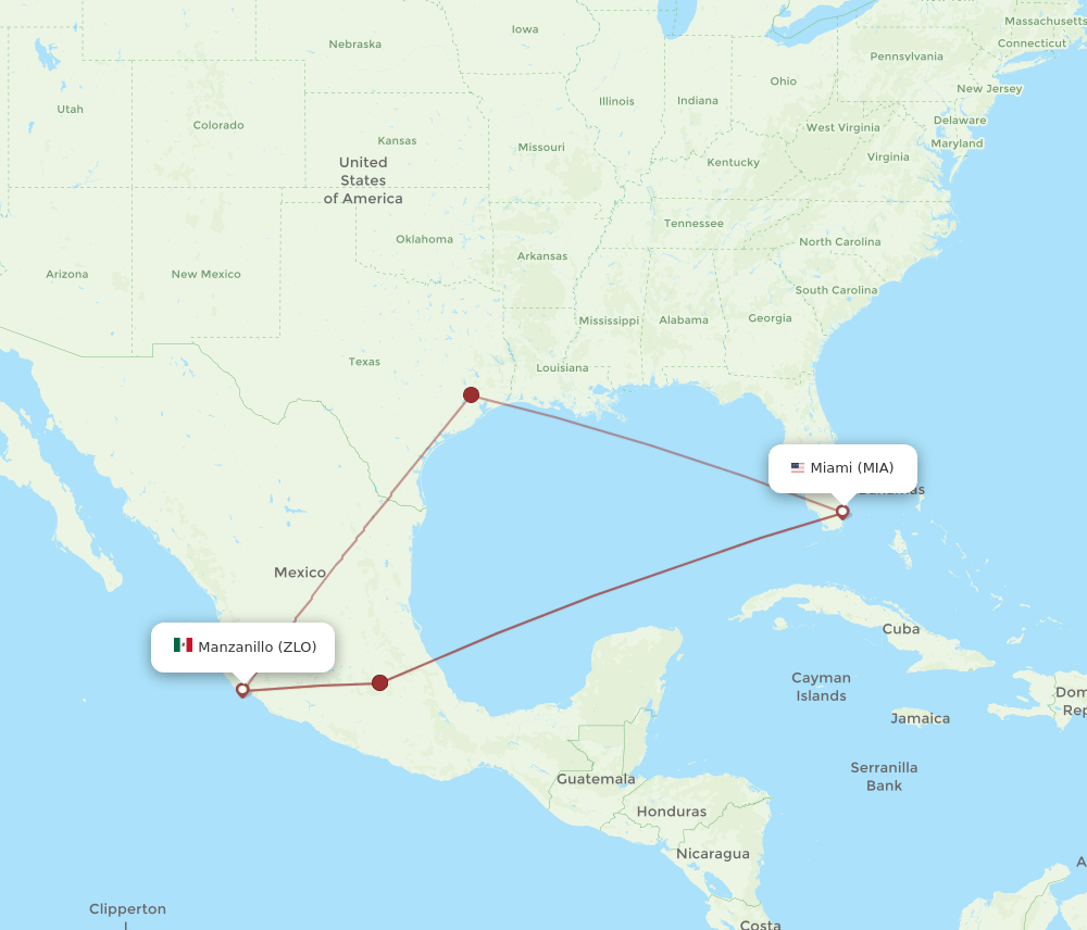 MIA-ZLO flight routes
