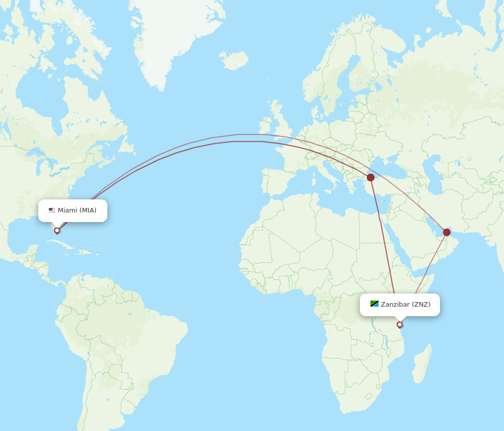 MIA-ZNZ flight routes