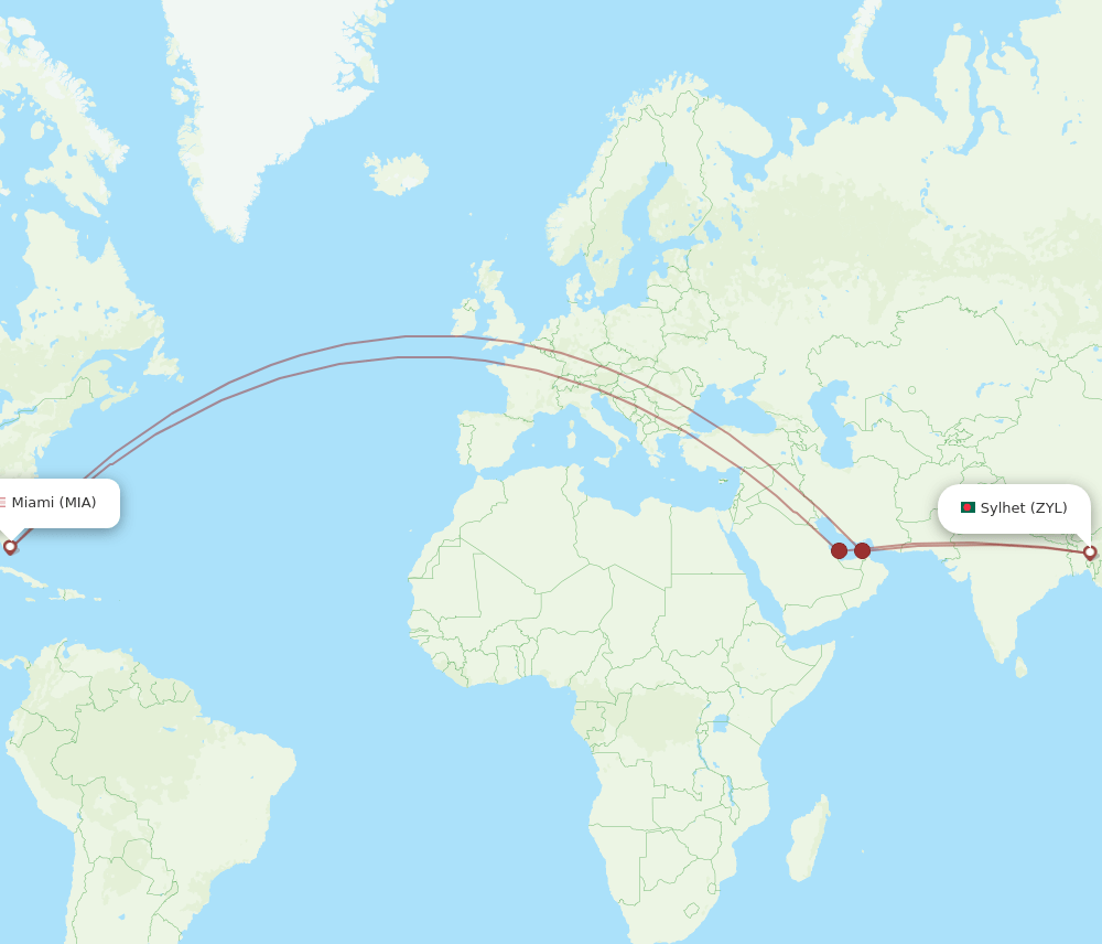 MIA-ZYL flight routes