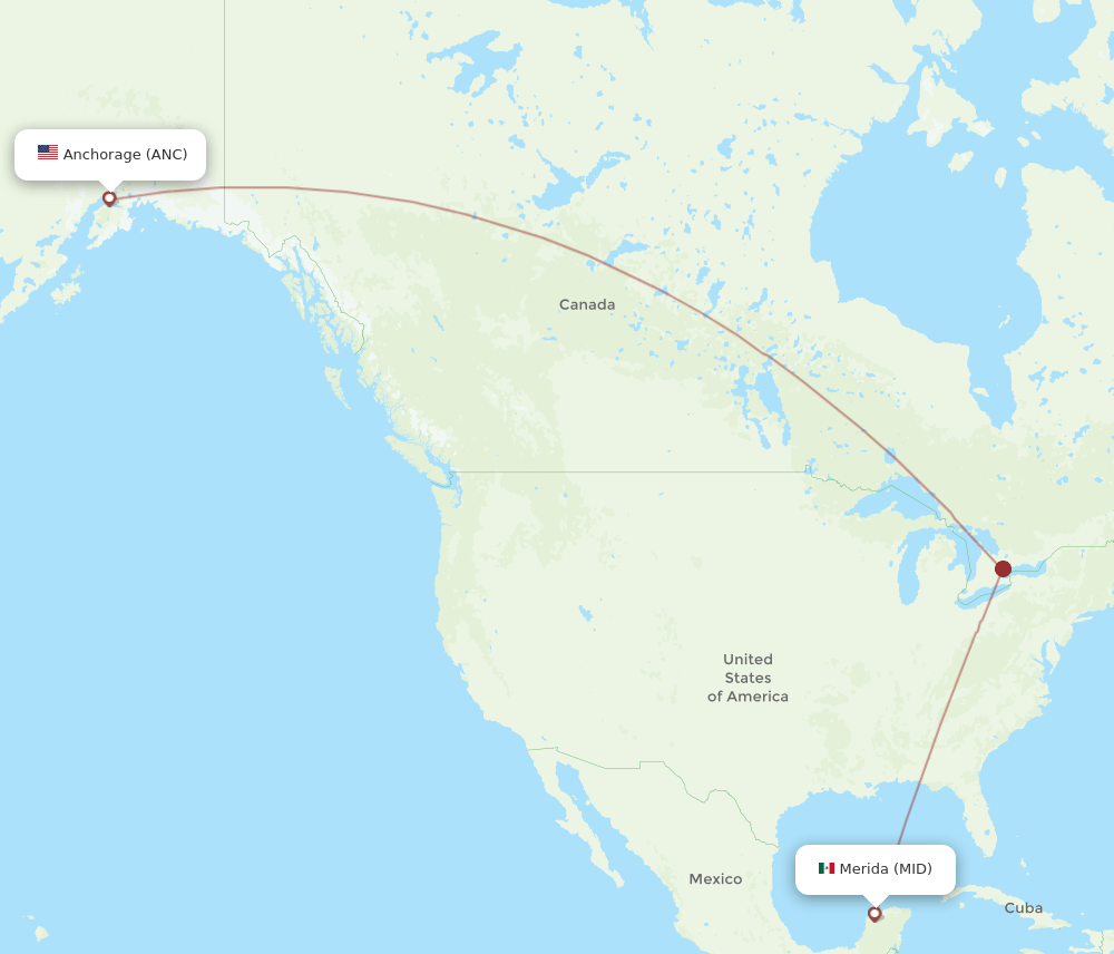 Anchorage - Merida route map and flight paths