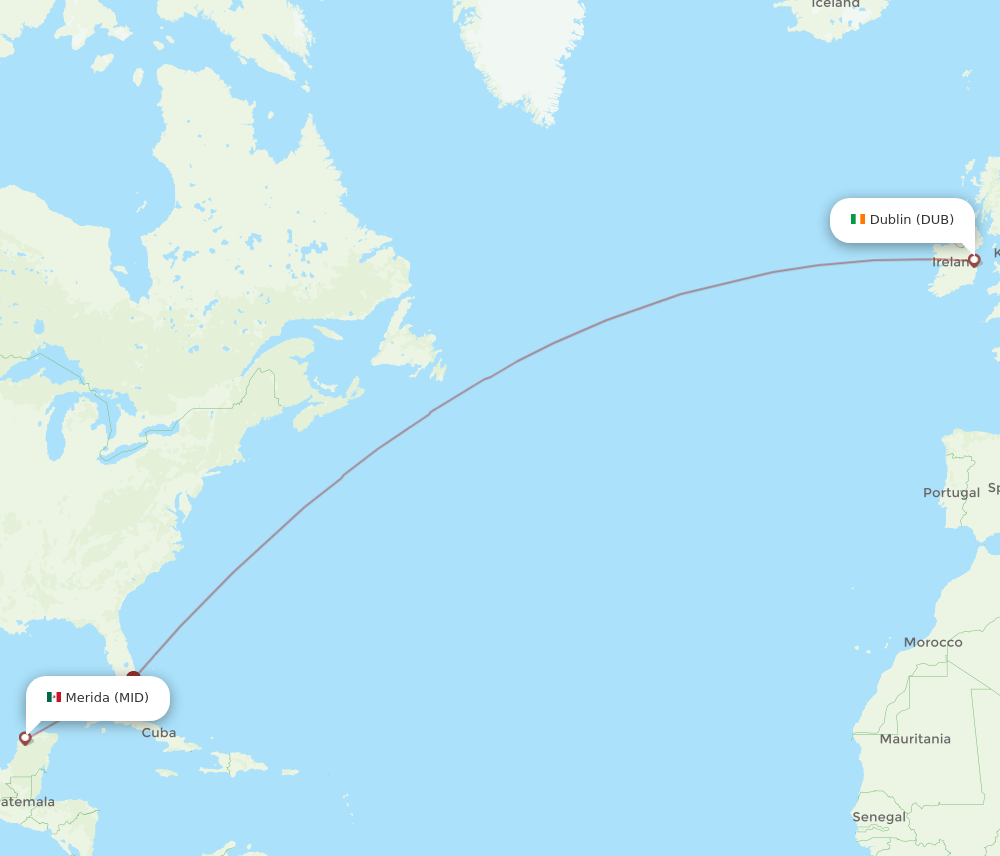 Dublin - Merida route map and flight paths