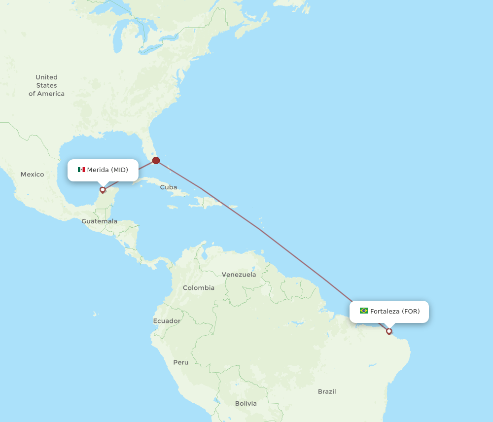 Fortaleza - Merida route map and flight paths