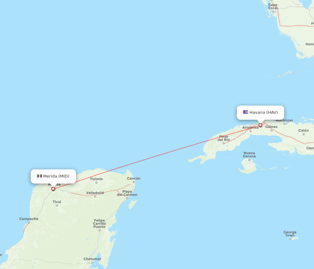 Merida - Havana route map and flight paths
