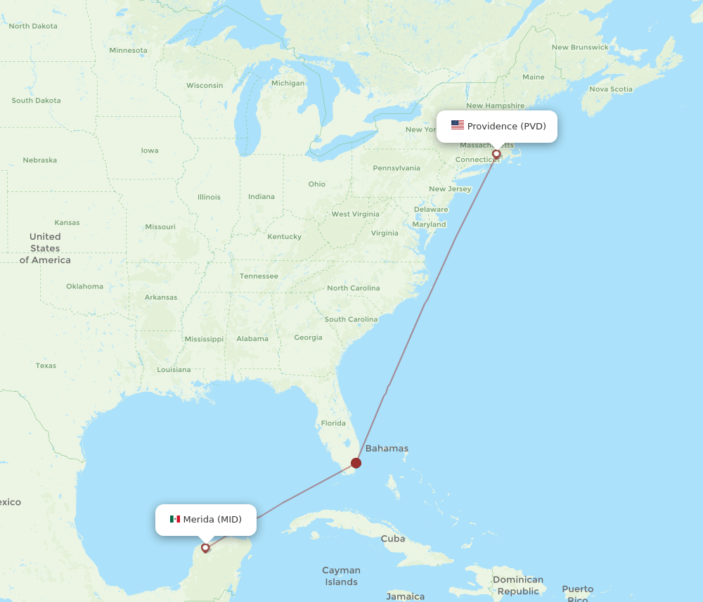 Merida - Providence route map and flight paths