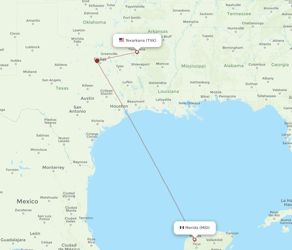 MID to TXK flights and routes map