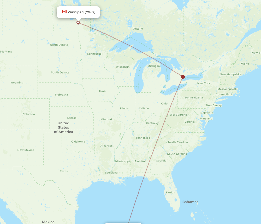 Winnipeg - Merida route map and flight paths