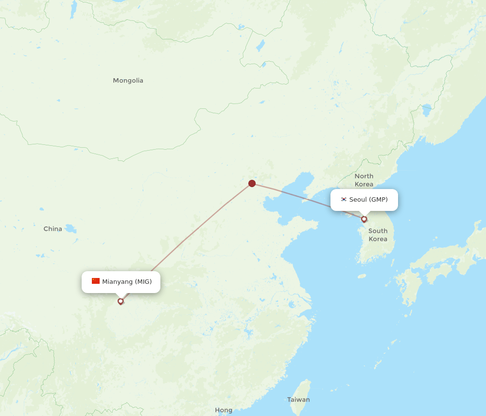 Seoul - Mian Yang route map and flight paths