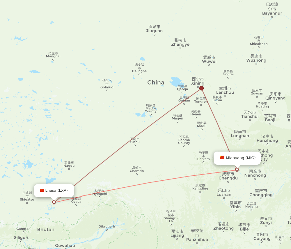 MIG to LXA flights and routes map