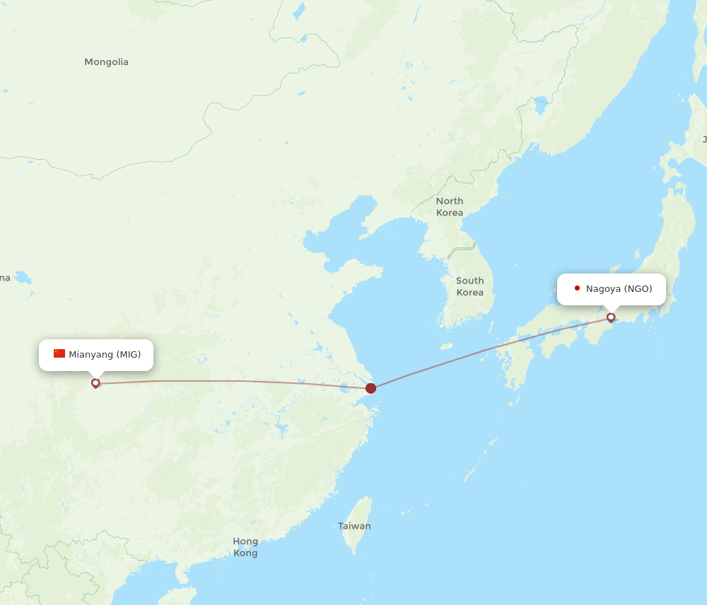 Nagoya - Mian Yang route map and flight paths