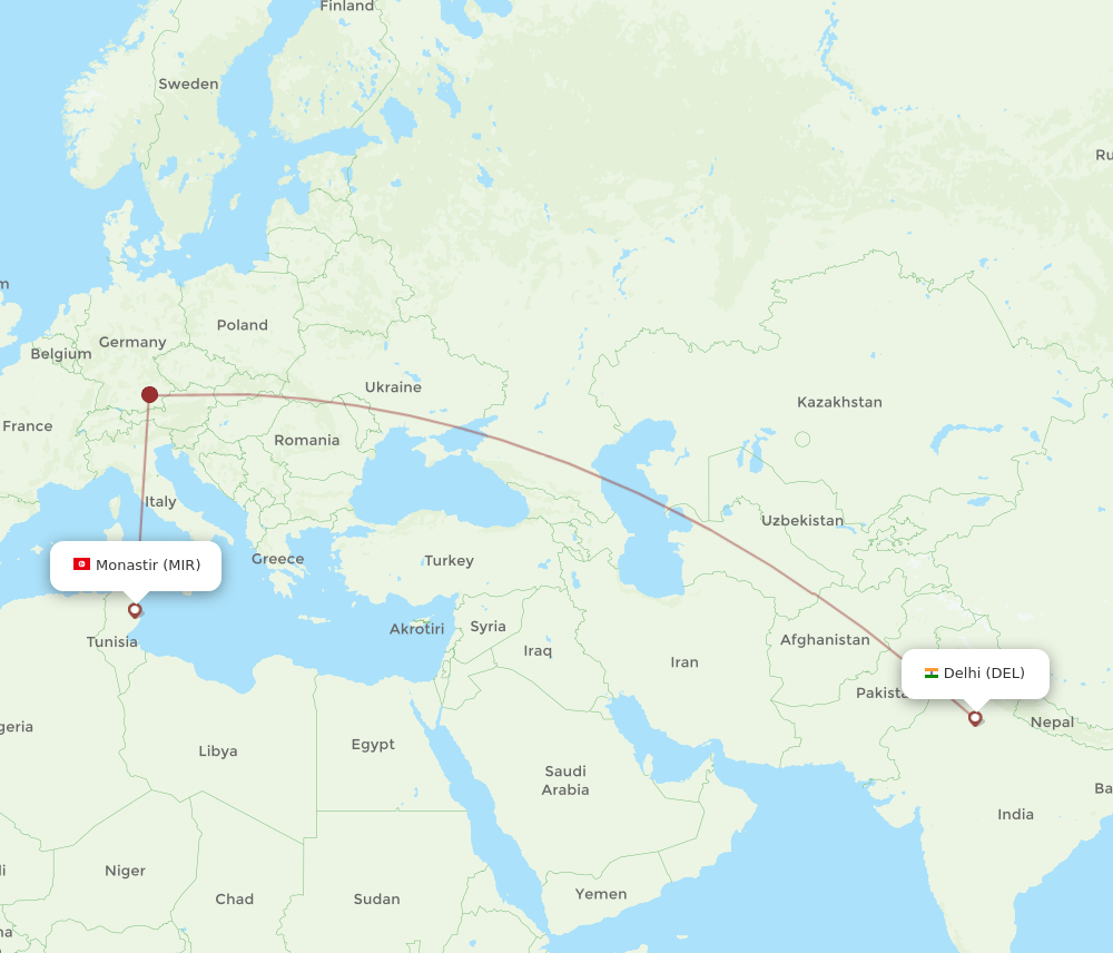 Delhi - Monastir route map and flight paths
