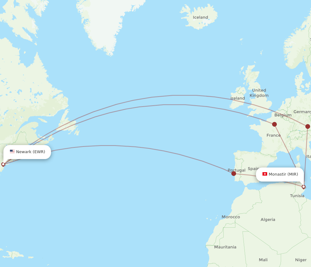 MIR-EWR flight routes