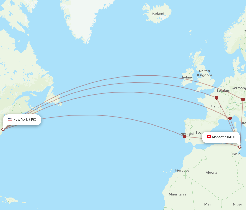 MIR-JFK flight routes