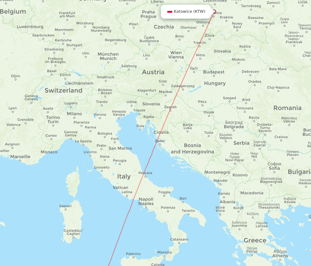 MIR to KTW flights and routes map