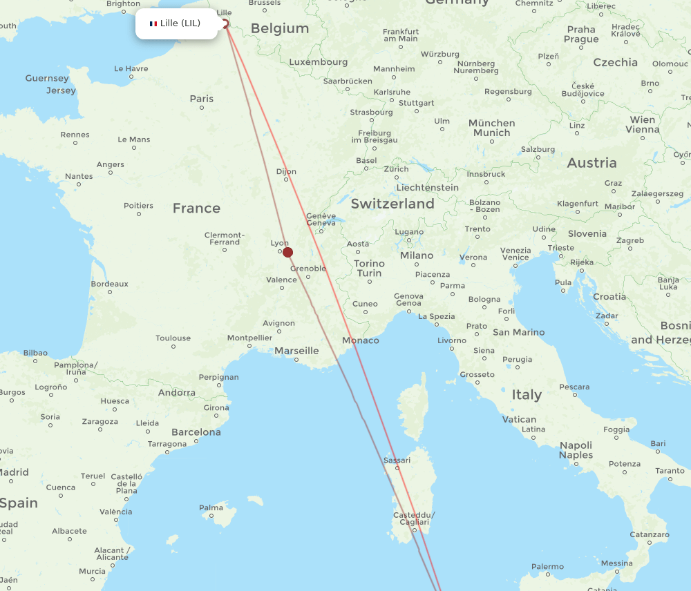 Monastir - Lille route map and flight paths