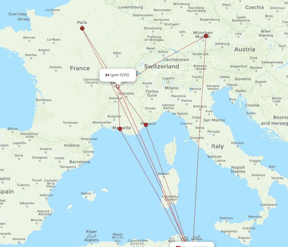 MIR to LYS flights and routes map