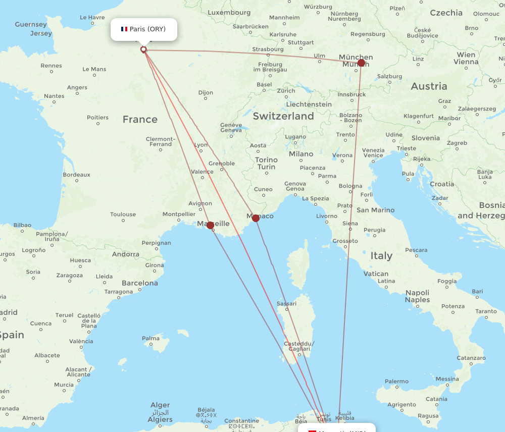 MIR to ORY flights and routes map