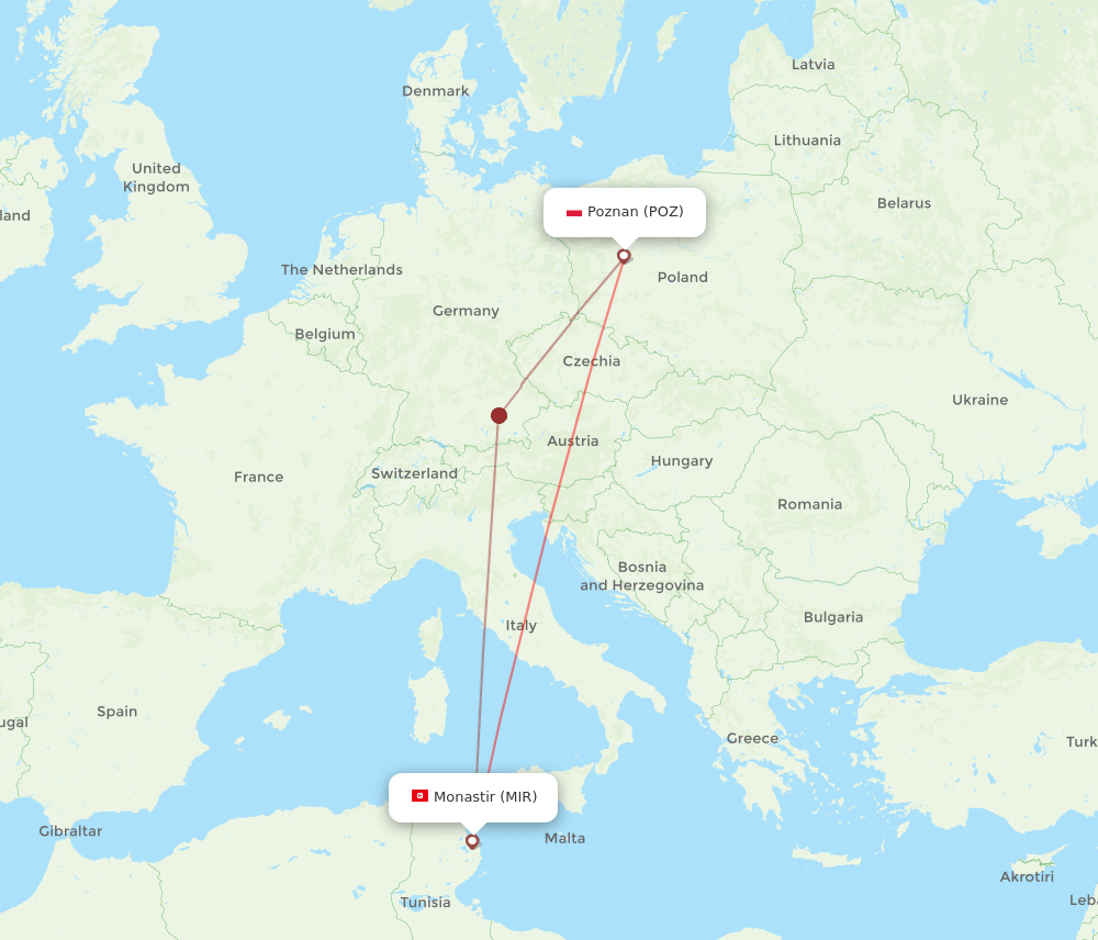 MIR to POZ flights and routes map