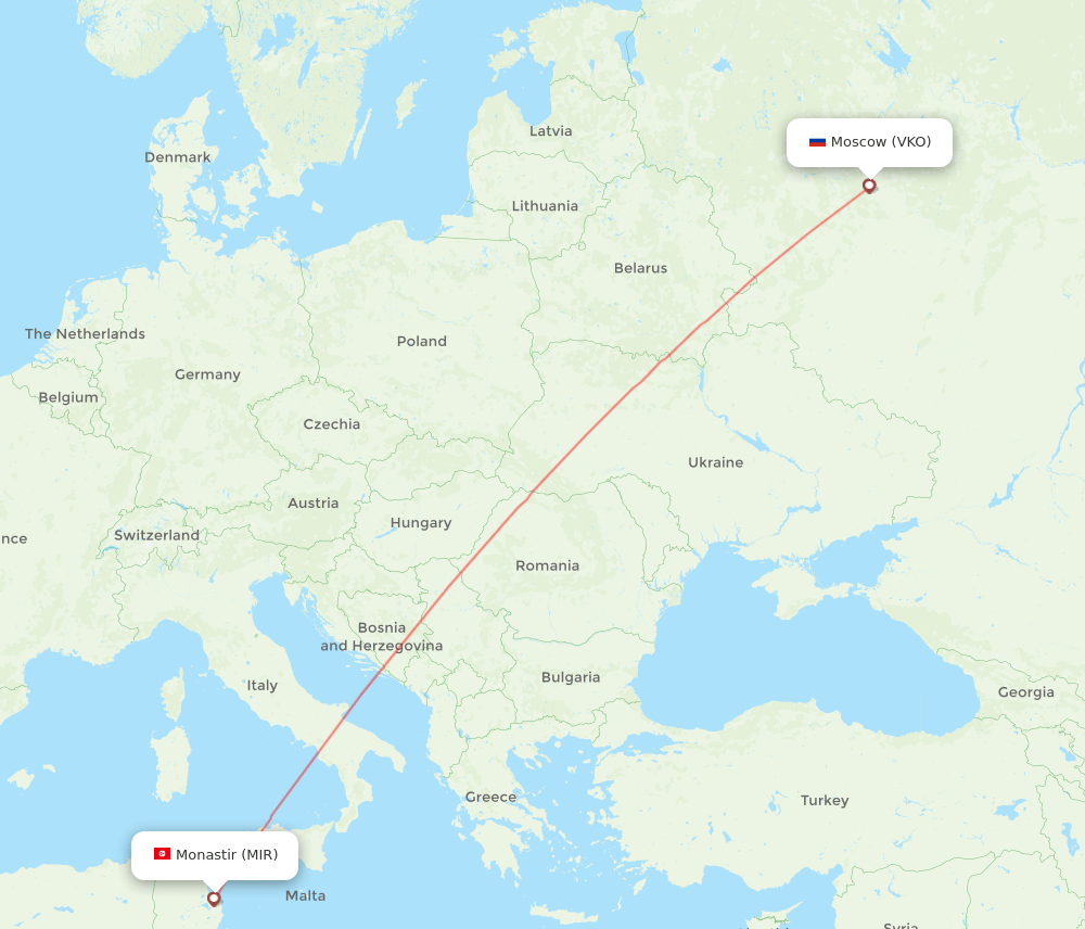 Monastir - Moscow route map and flight paths