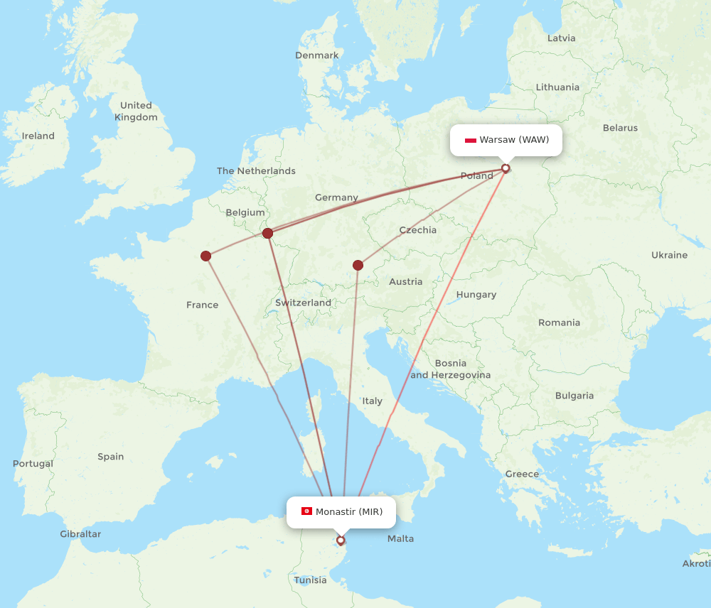 MIR to WAW flights and routes map