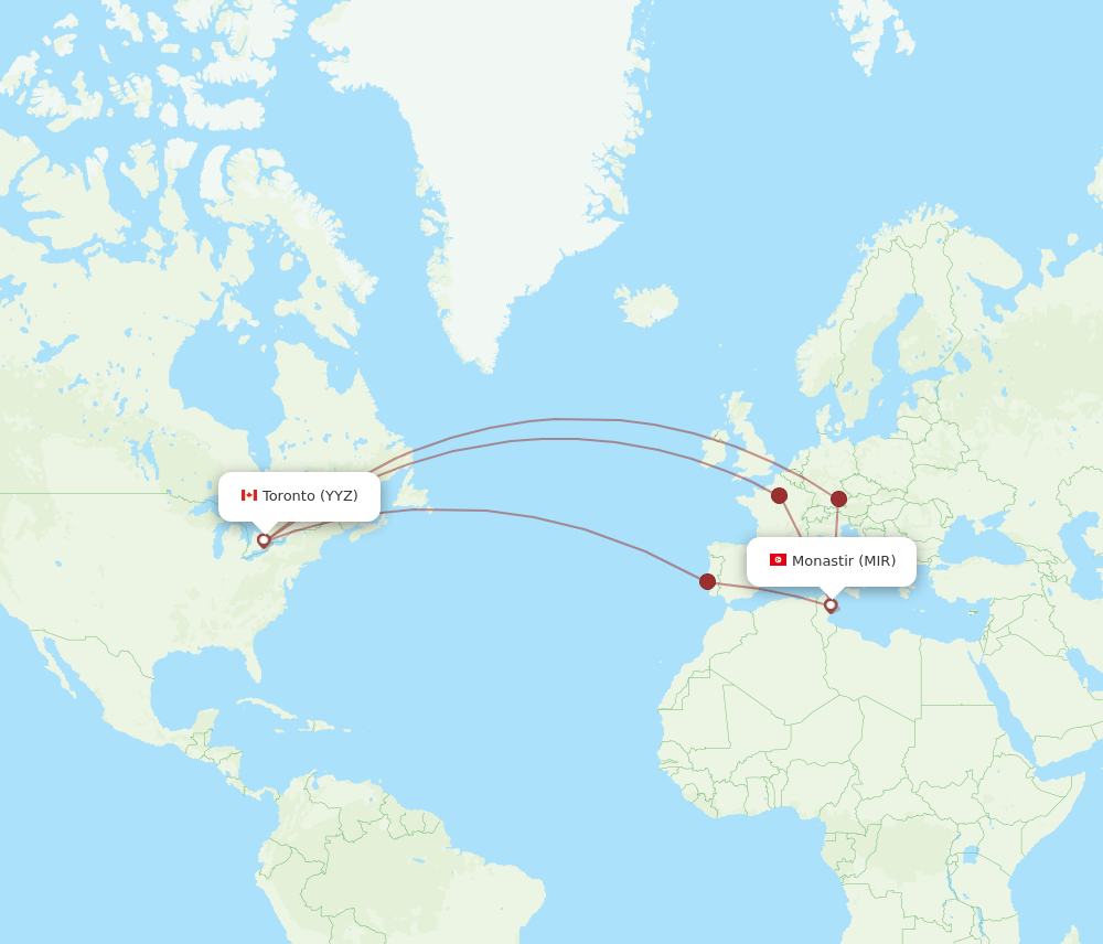 Toronto - Monastir route map and flight paths