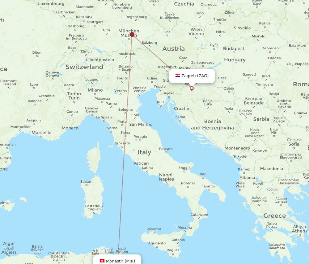 ZAG to MIR flights and routes map