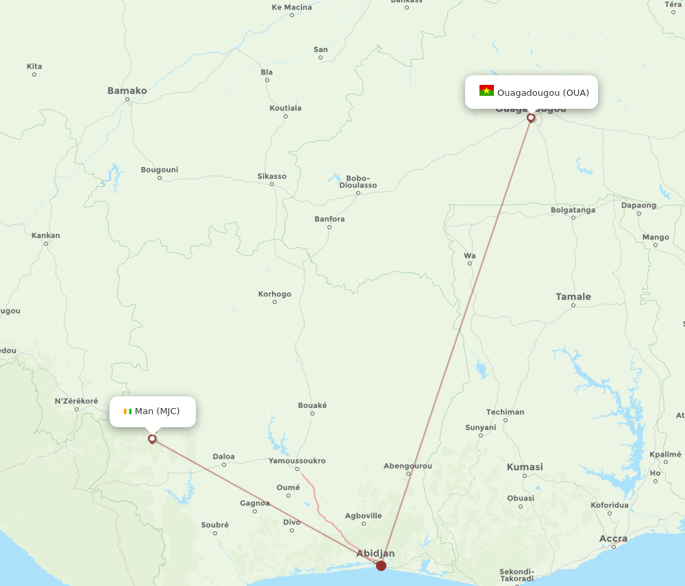 Ouagadougou - Man route map and flight paths