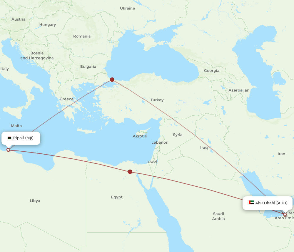 MJI to AUH flights and routes map
