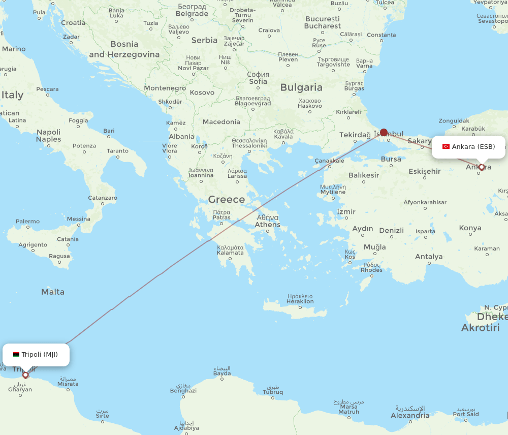 MJI to ESB flights and routes map