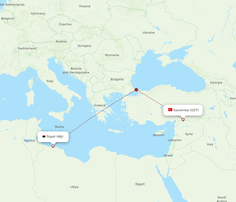 MJI to GZT flights and routes map