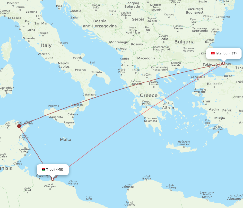 MJI to IST flights and routes map