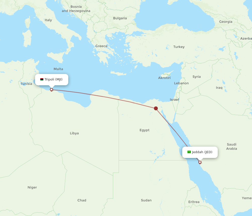 MJI to JED flights and routes map