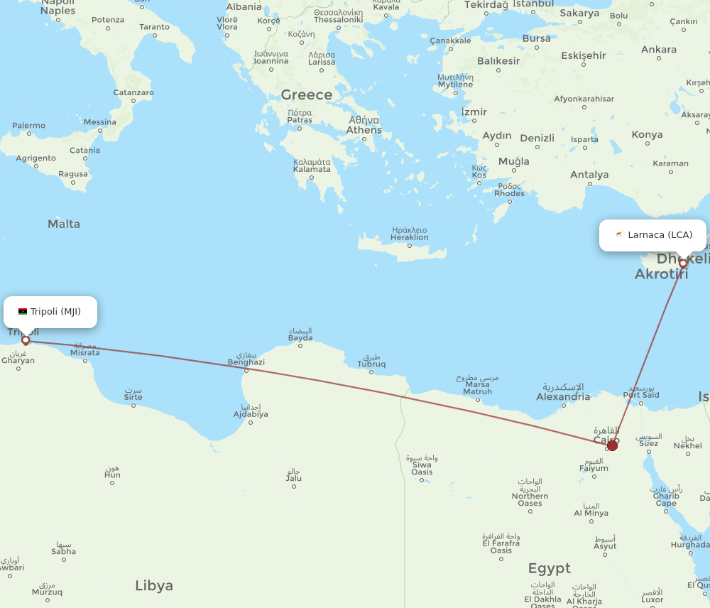 Larnaca - Mitiga, Tripoli route map and flight paths
