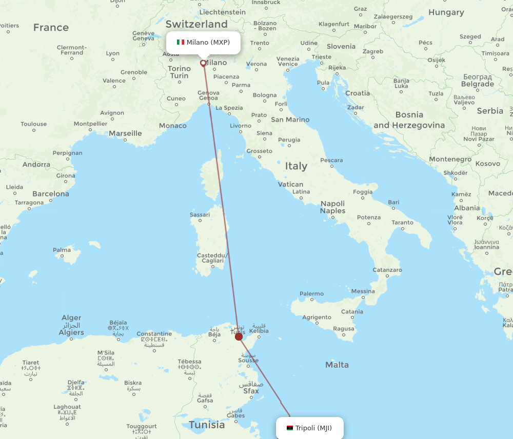 Mitiga, Tripoli - Milan route map and flight paths