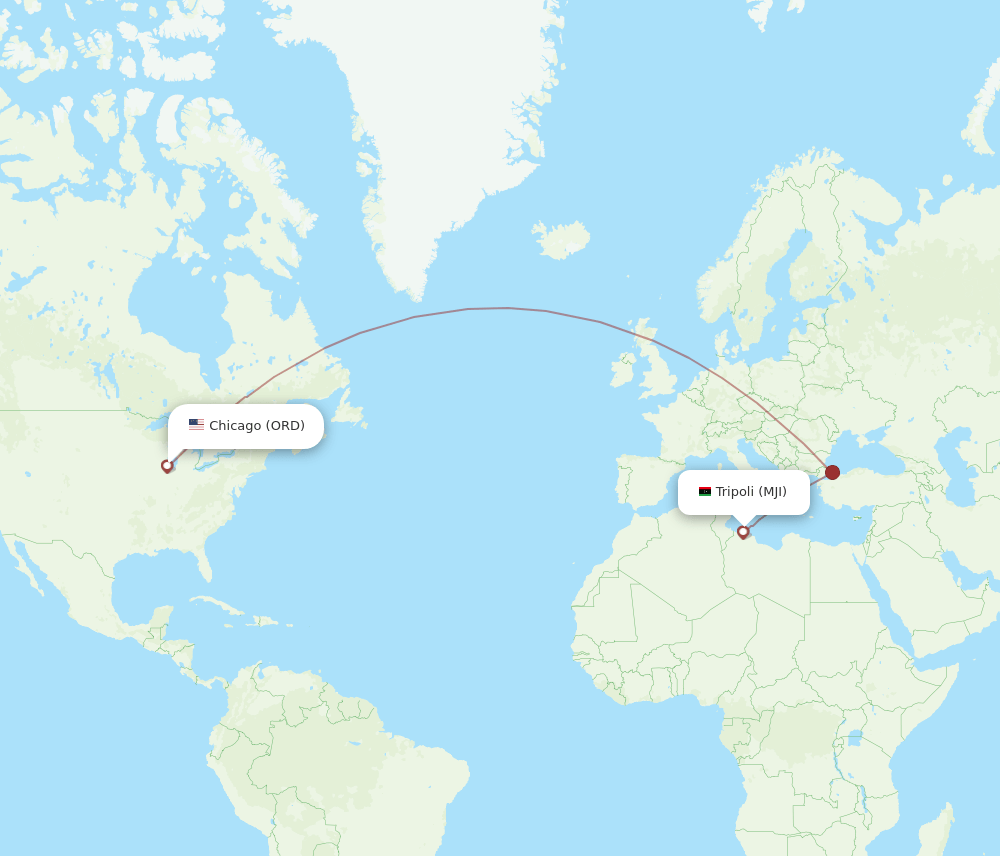 Chicago - Mitiga, Tripoli route map and flight paths