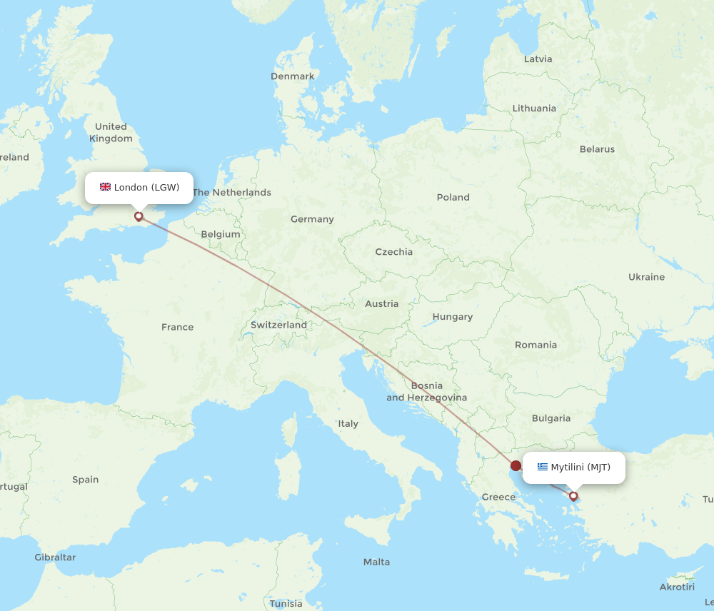 MJT to LGW flights and routes map