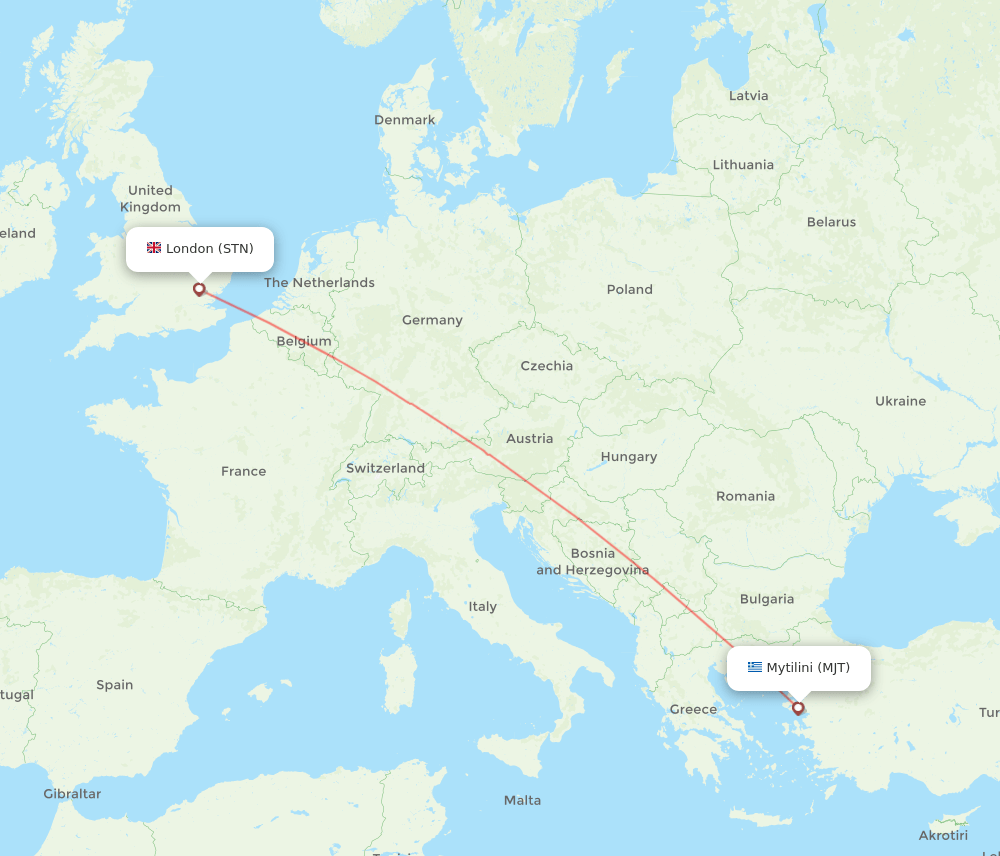 Mytilene - London route map and flight paths