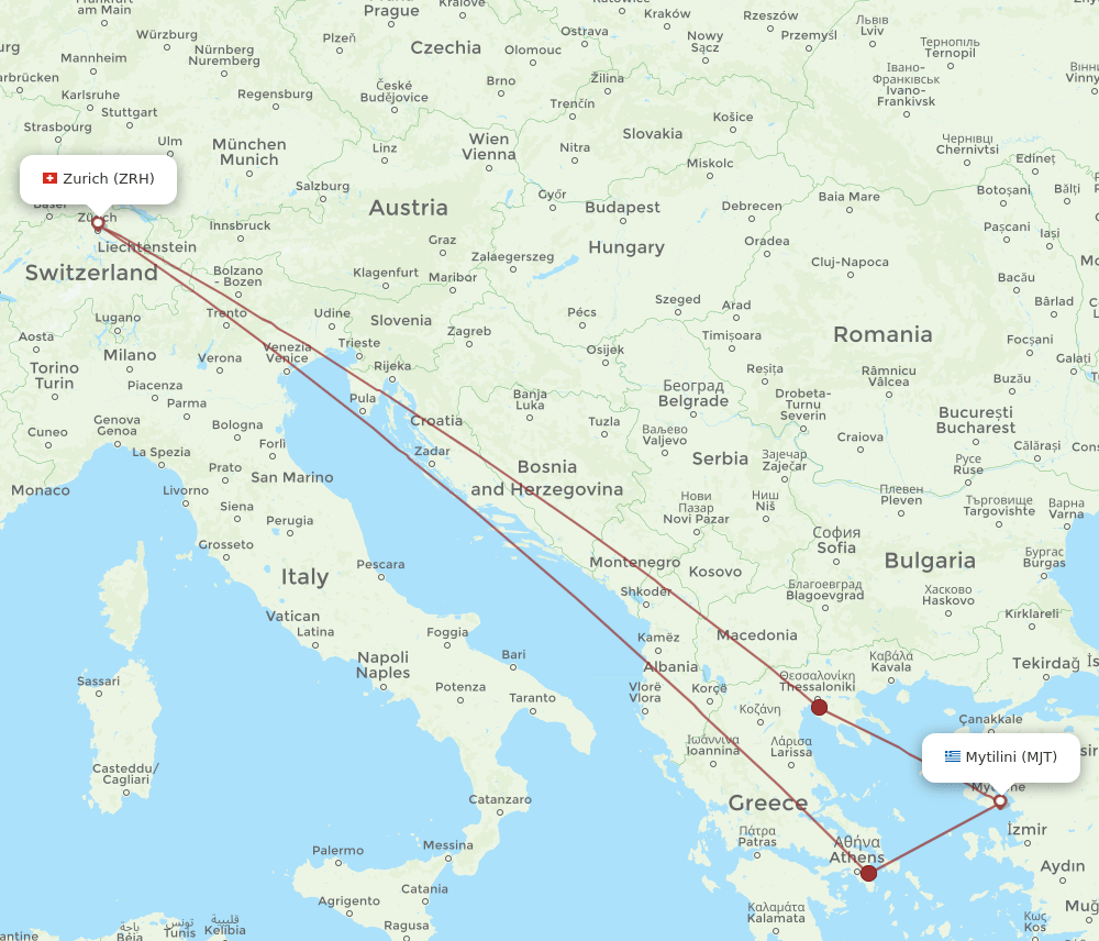 Zurich - Mytilene route map and flight paths