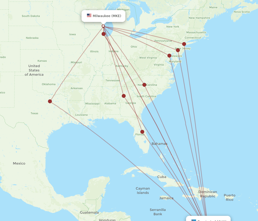 MKE-AUA flight routes