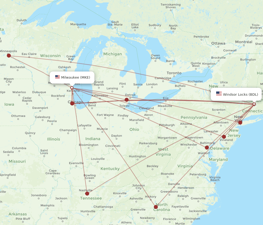 MKE to BDL flights and routes map