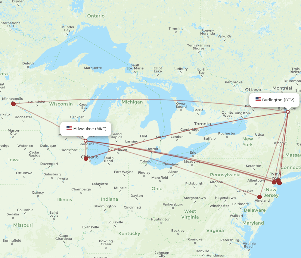 MKE-BTV flight routes