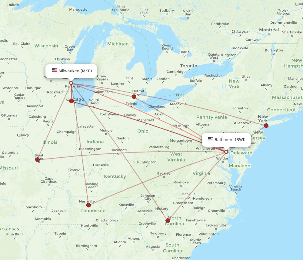 MKE-BWI flight routes