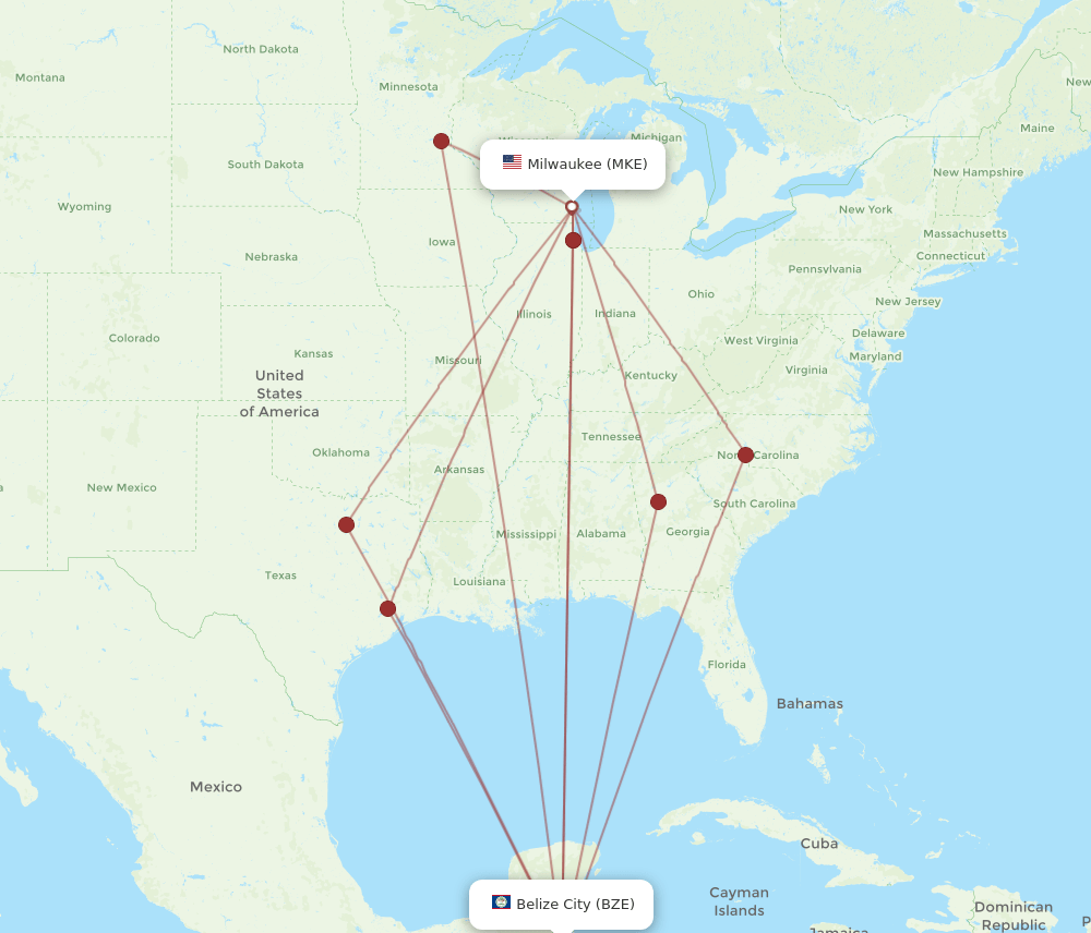 MKE-BZE flight routes